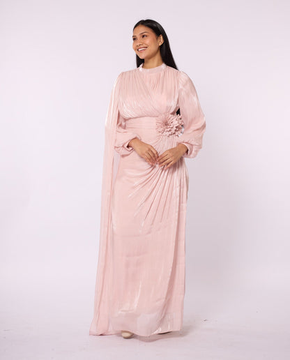 Draped Puff Sleeve Evening Dress with Flower Detail