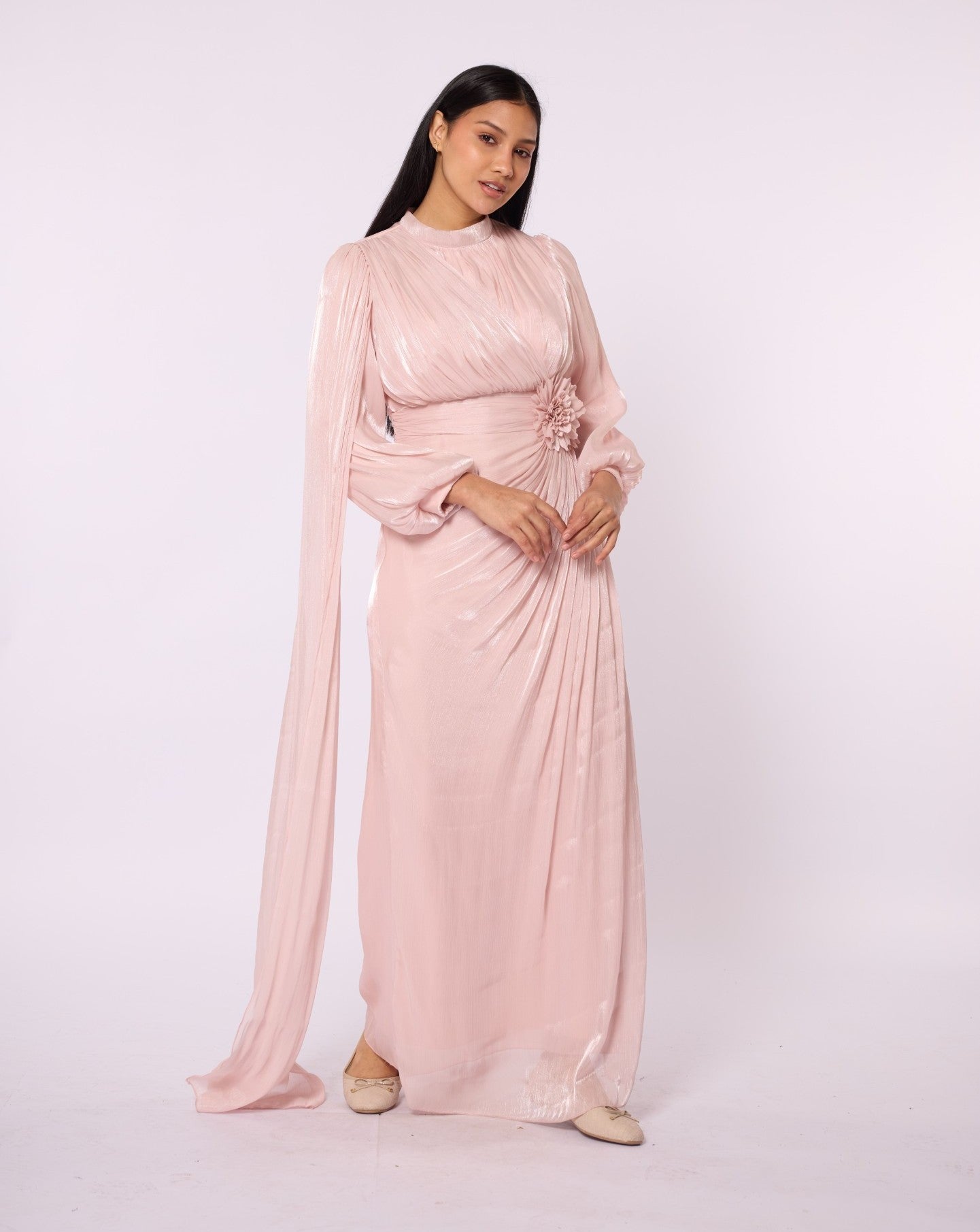 Draped Puff Sleeve Evening Dress with Flower Detail
