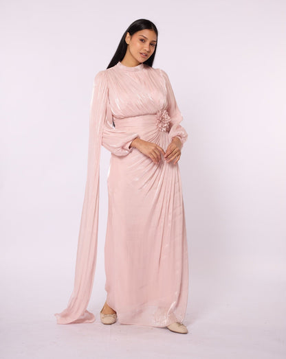 Draped Puff Sleeve Evening Dress with Flower Detail