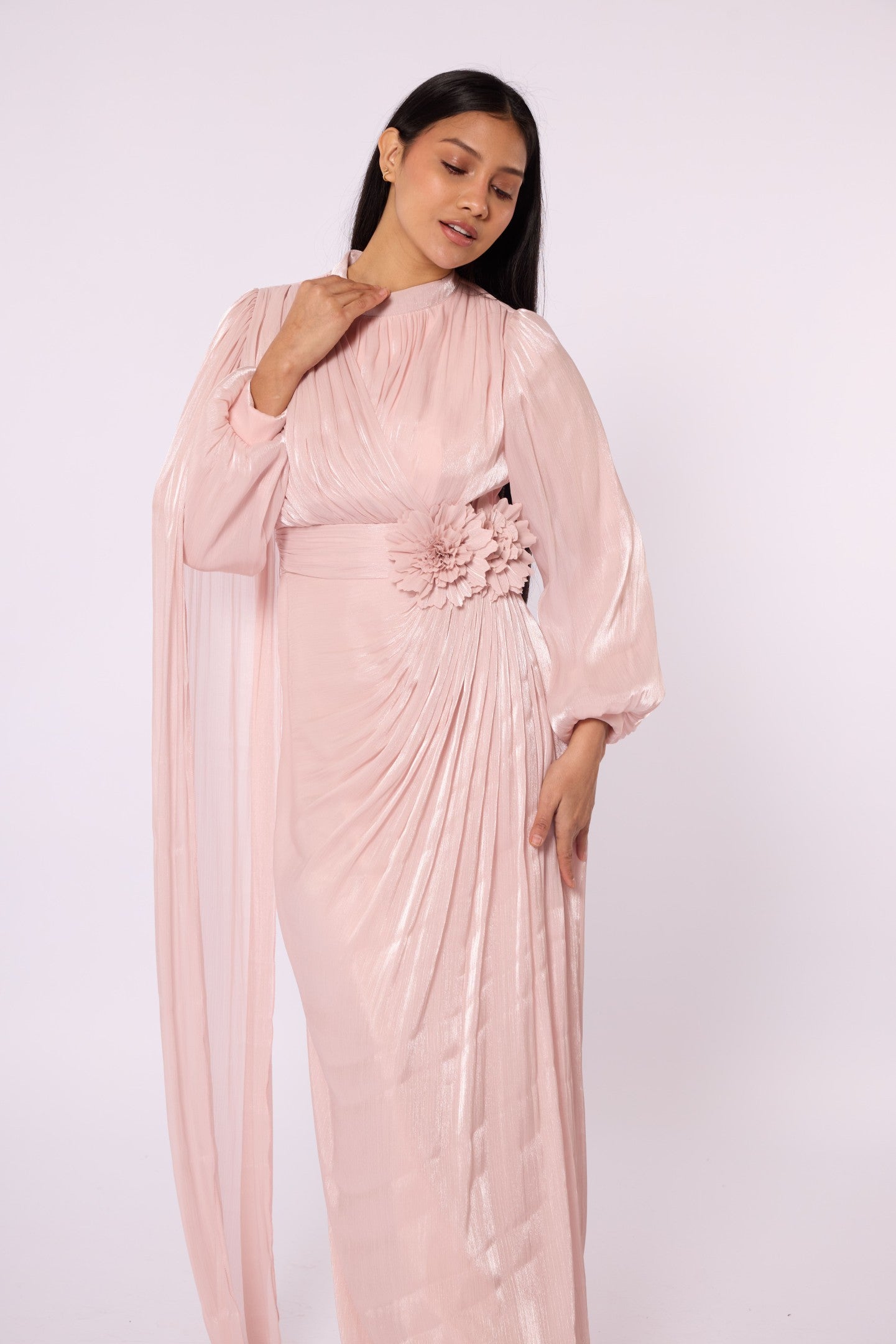 Draped Puff Sleeve Evening Dress with Flower Detail