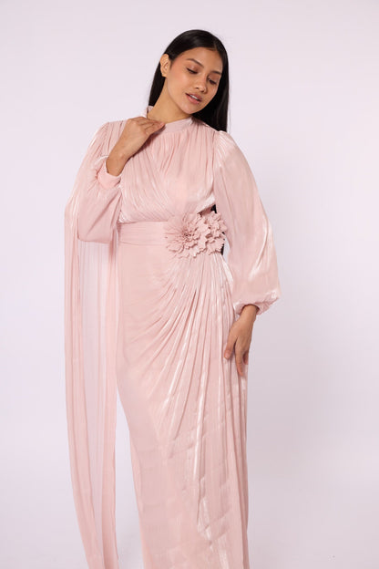 Draped Puff Sleeve Evening Dress with Flower Detail