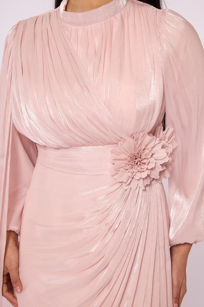 Draped Puff Sleeve Evening Dress with Flower Detail