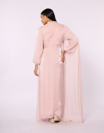 Draped Puff Sleeve Evening Dress with Flower Detail