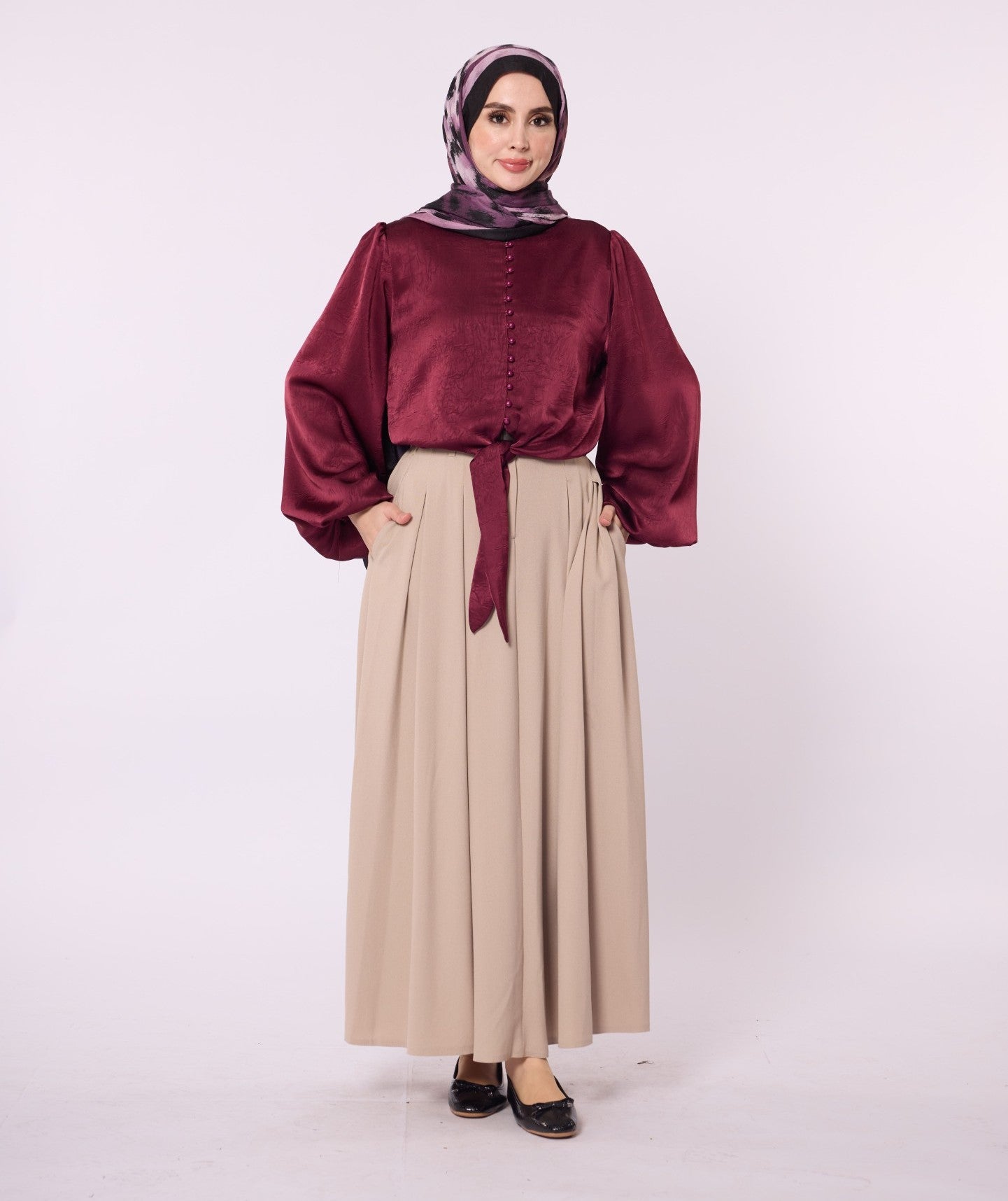 Balloon Sleeve Blouse with Button Detail and Tie Neck