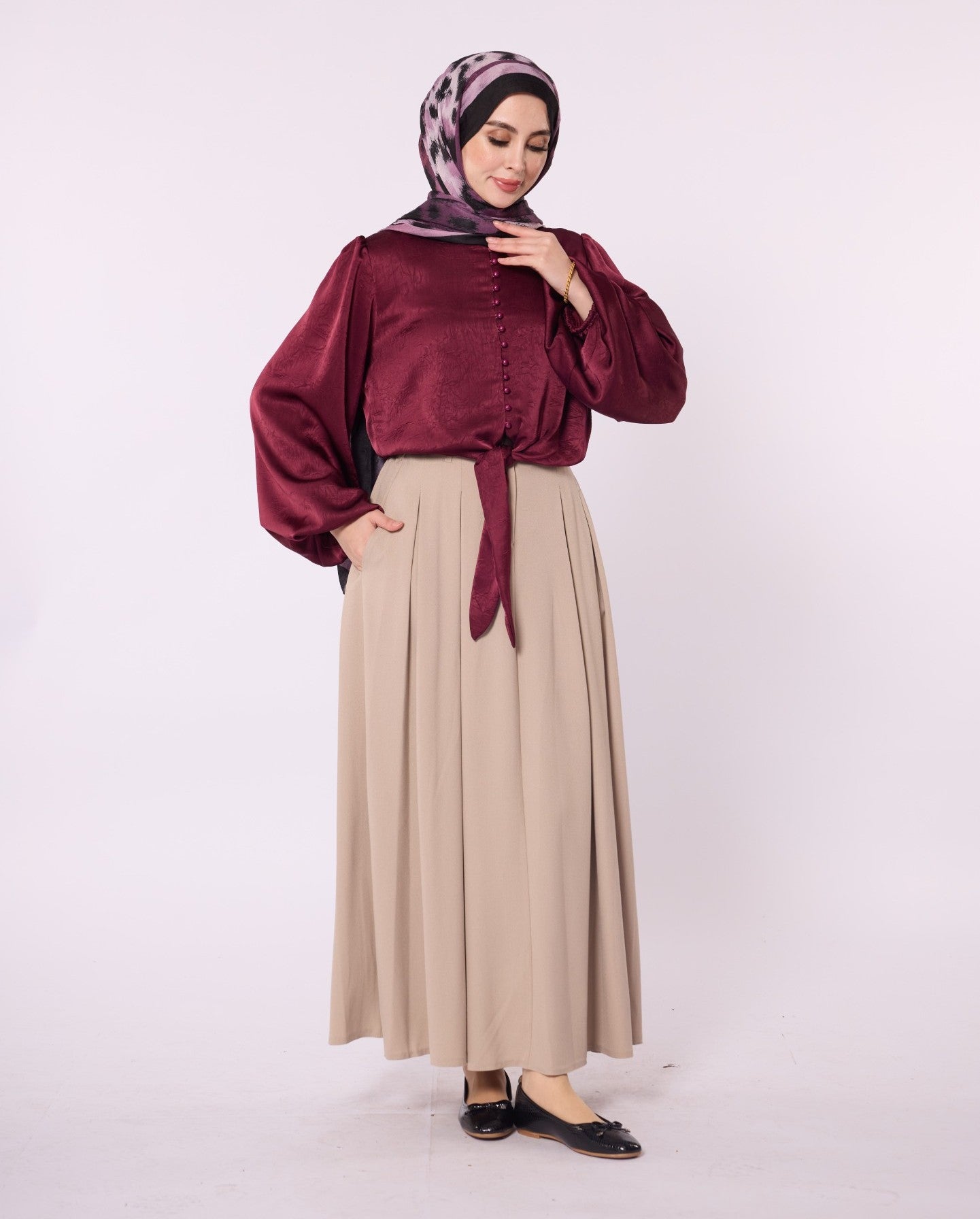 Balloon Sleeve Blouse with Button Detail and Tie Neck