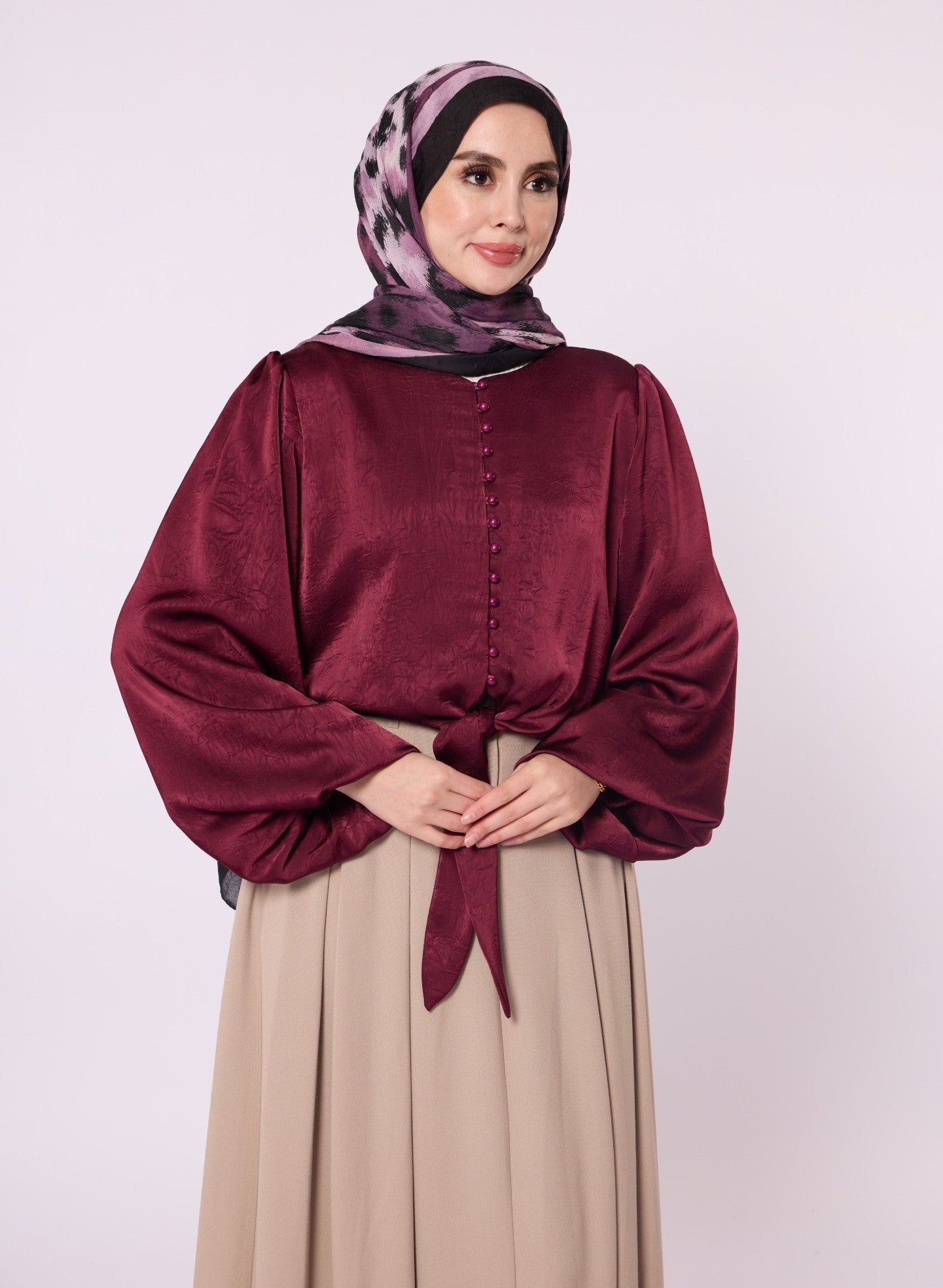 Balloon Sleeve Blouse with Button Detail and Tie Neck
