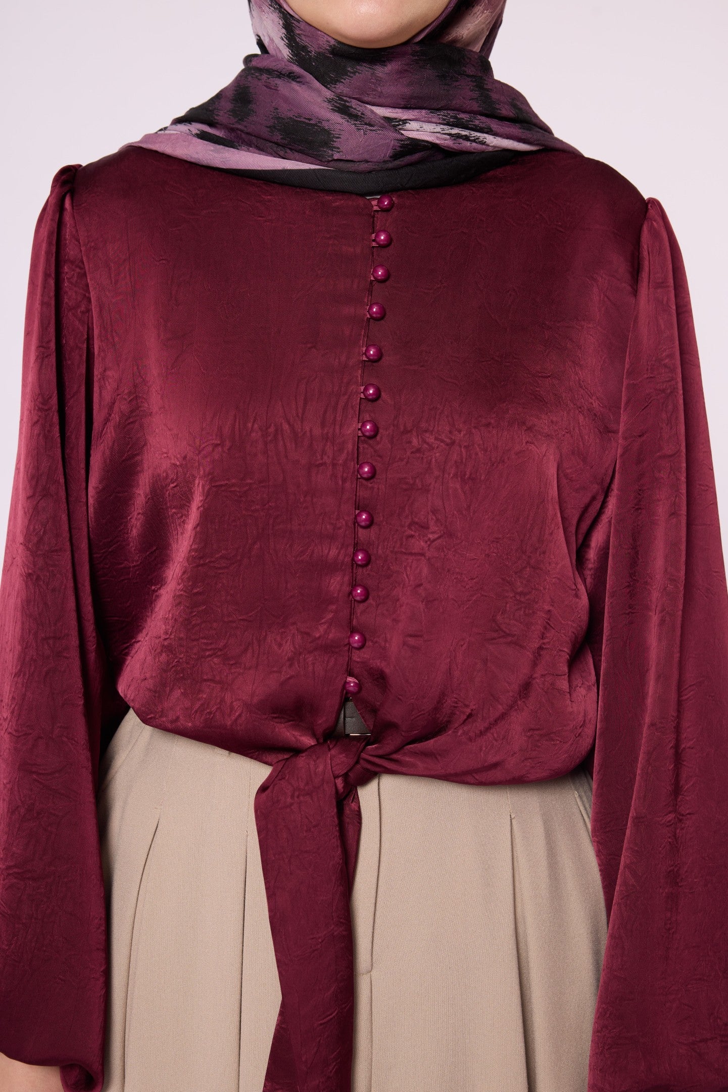 Balloon Sleeve Blouse with Button Detail and Tie Neck