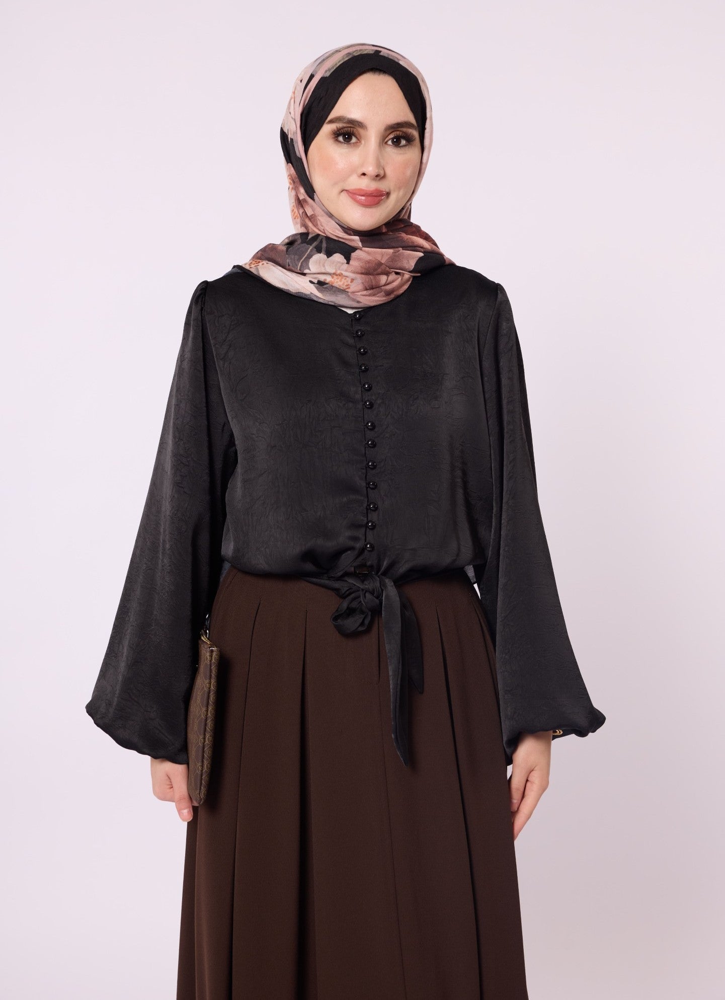 Balloon Sleeve Blouse with Button Detail and Tie Neck
