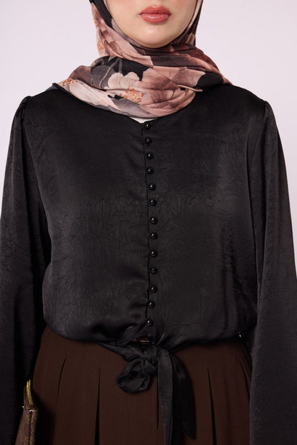 Balloon Sleeve Blouse with Button Detail and Tie Neck