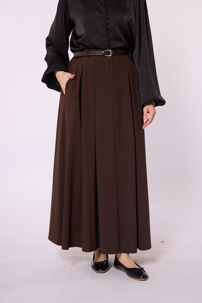 Belt & Pocket Detail Zip-Up Pleated Long Skirt