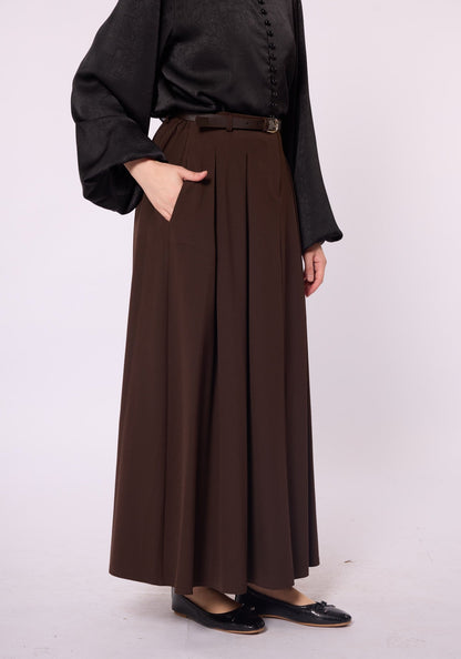 Belt & Pocket Detail Zip-Up Pleated Long Skirt