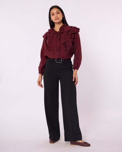 V-Neck Shirt with Ruffle Detail and Tie Neck