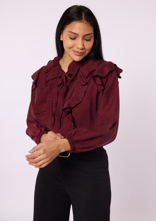 V-Neck Shirt with Ruffle Detail and Tie Neck