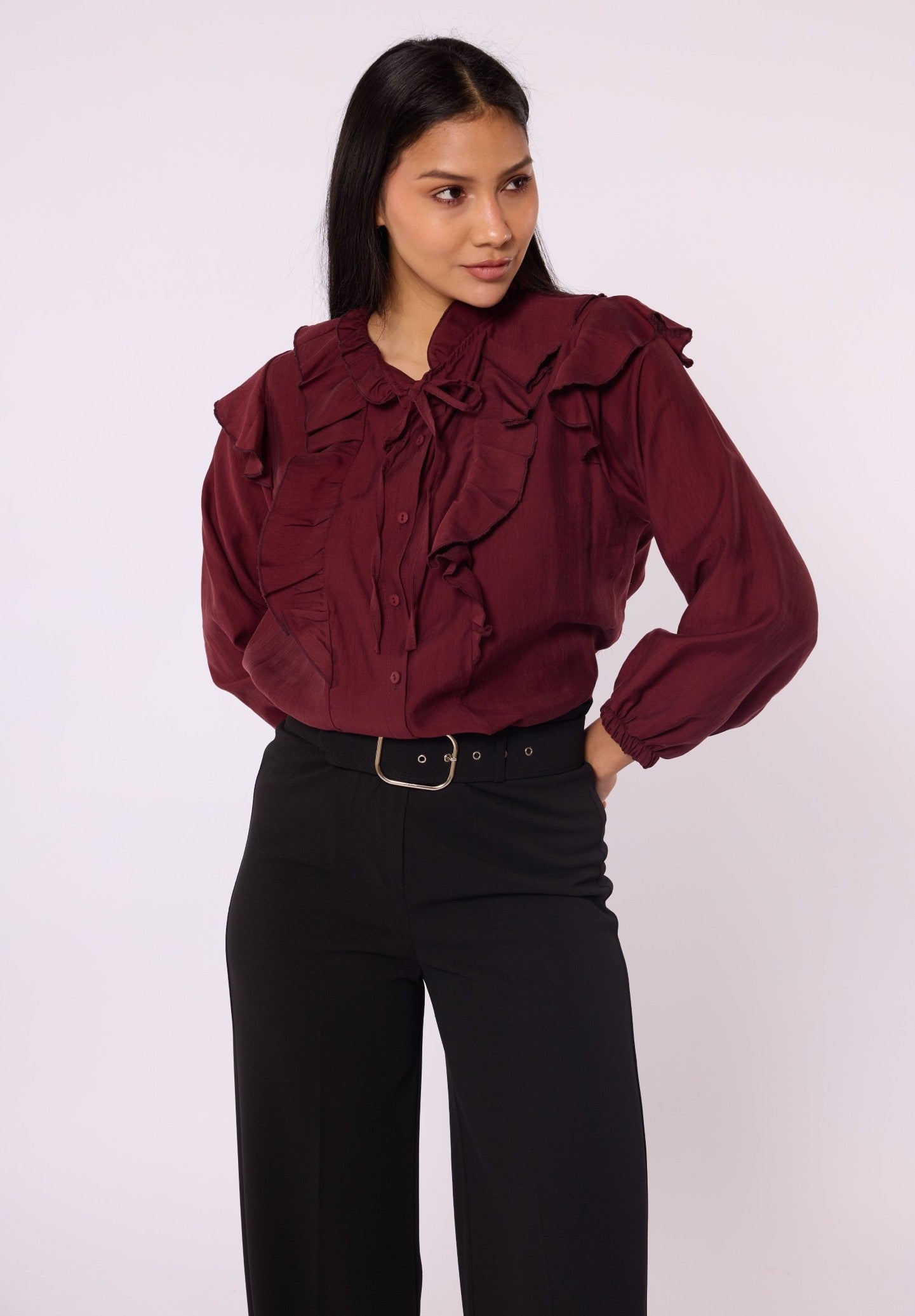 V-Neck Shirt with Ruffle Detail and Tie Neck