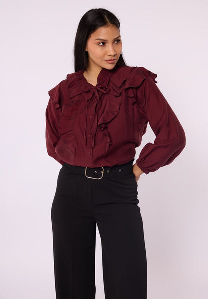 V-Neck Shirt with Ruffle Detail and Tie Neck