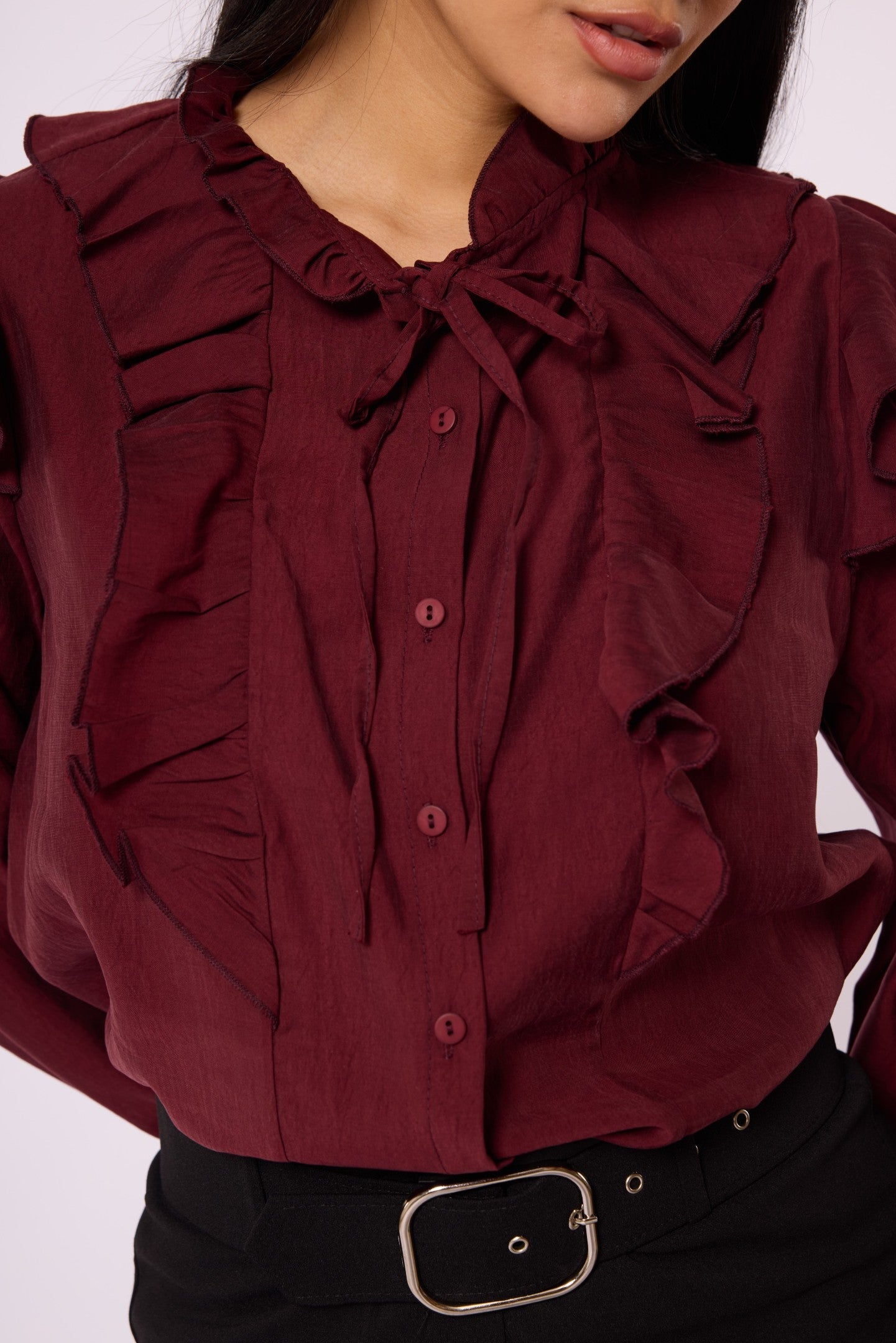 V-Neck Shirt with Ruffle Detail and Tie Neck