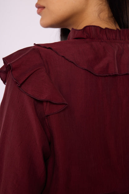 V-Neck Shirt with Ruffle Detail and Tie Neck