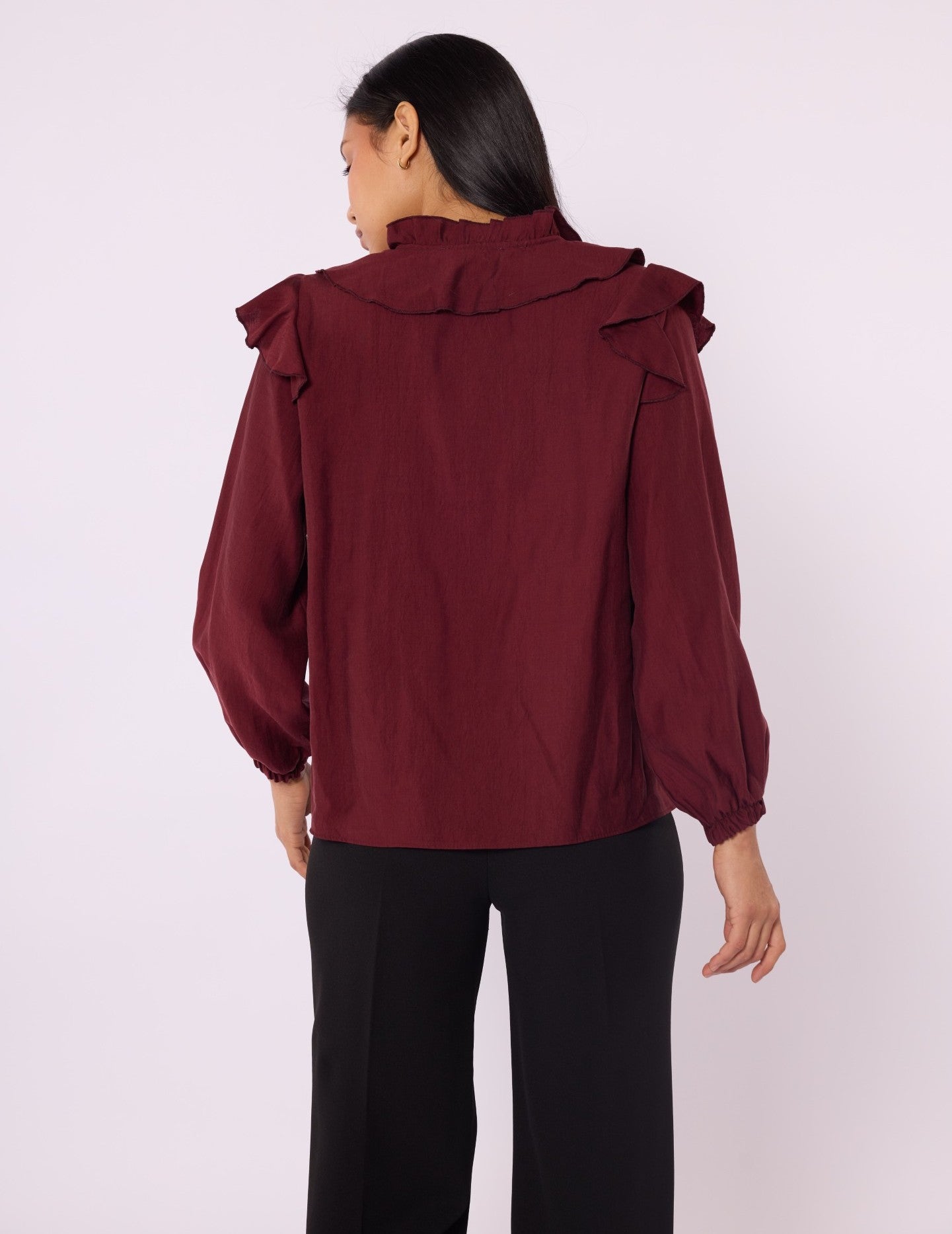 V-Neck Shirt with Ruffle Detail and Tie Neck
