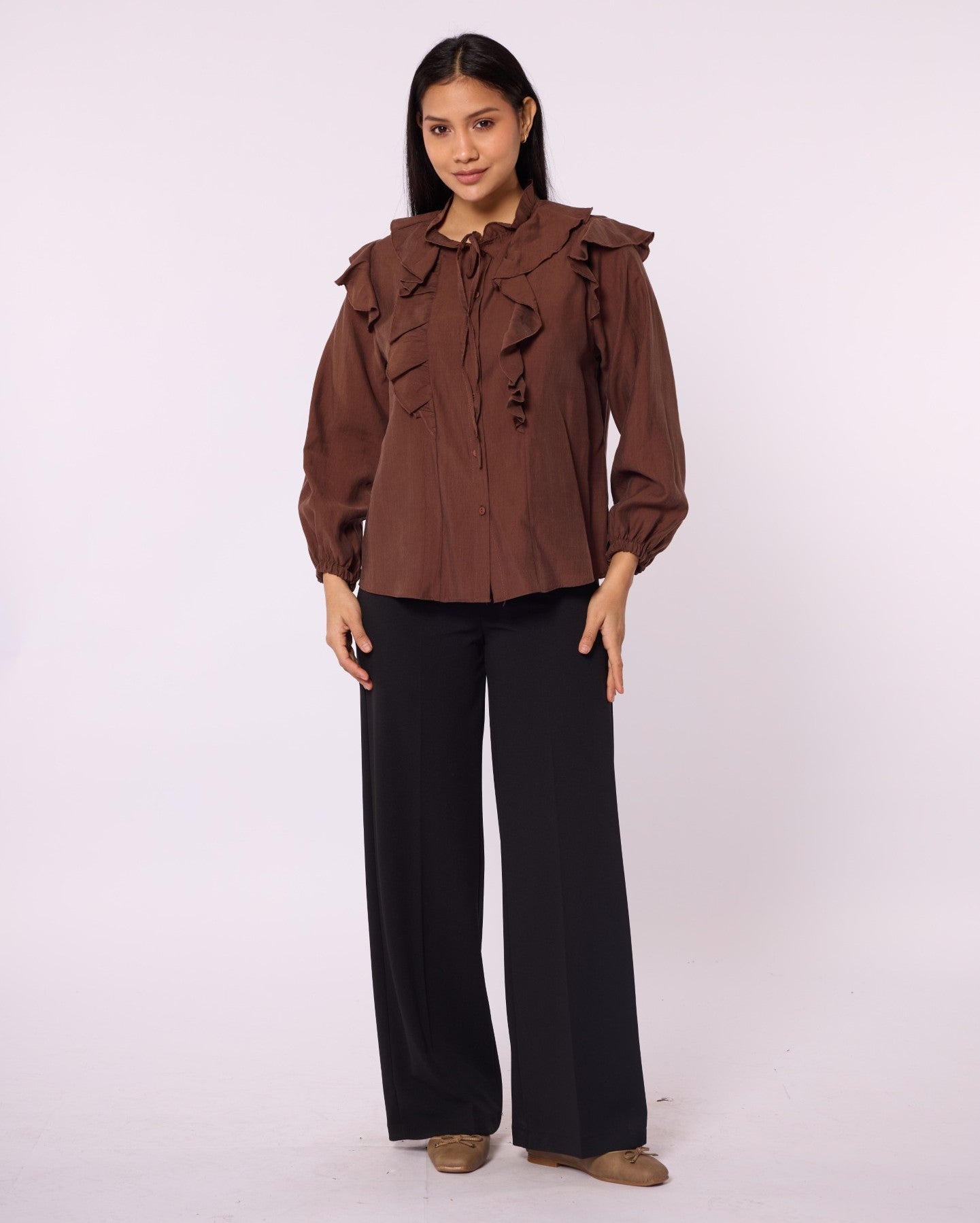 V-Neck Shirt with Ruffle Detail and Tie Neck