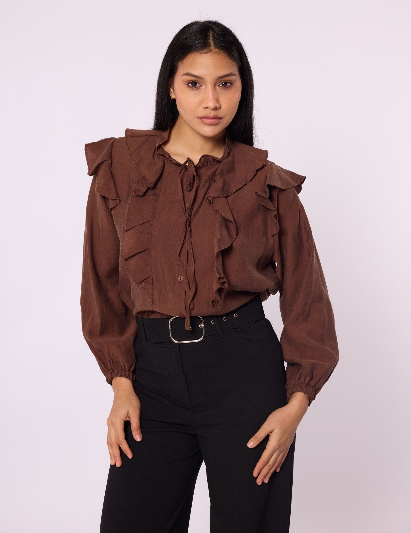 V-Neck Shirt with Ruffle Detail and Tie Neck