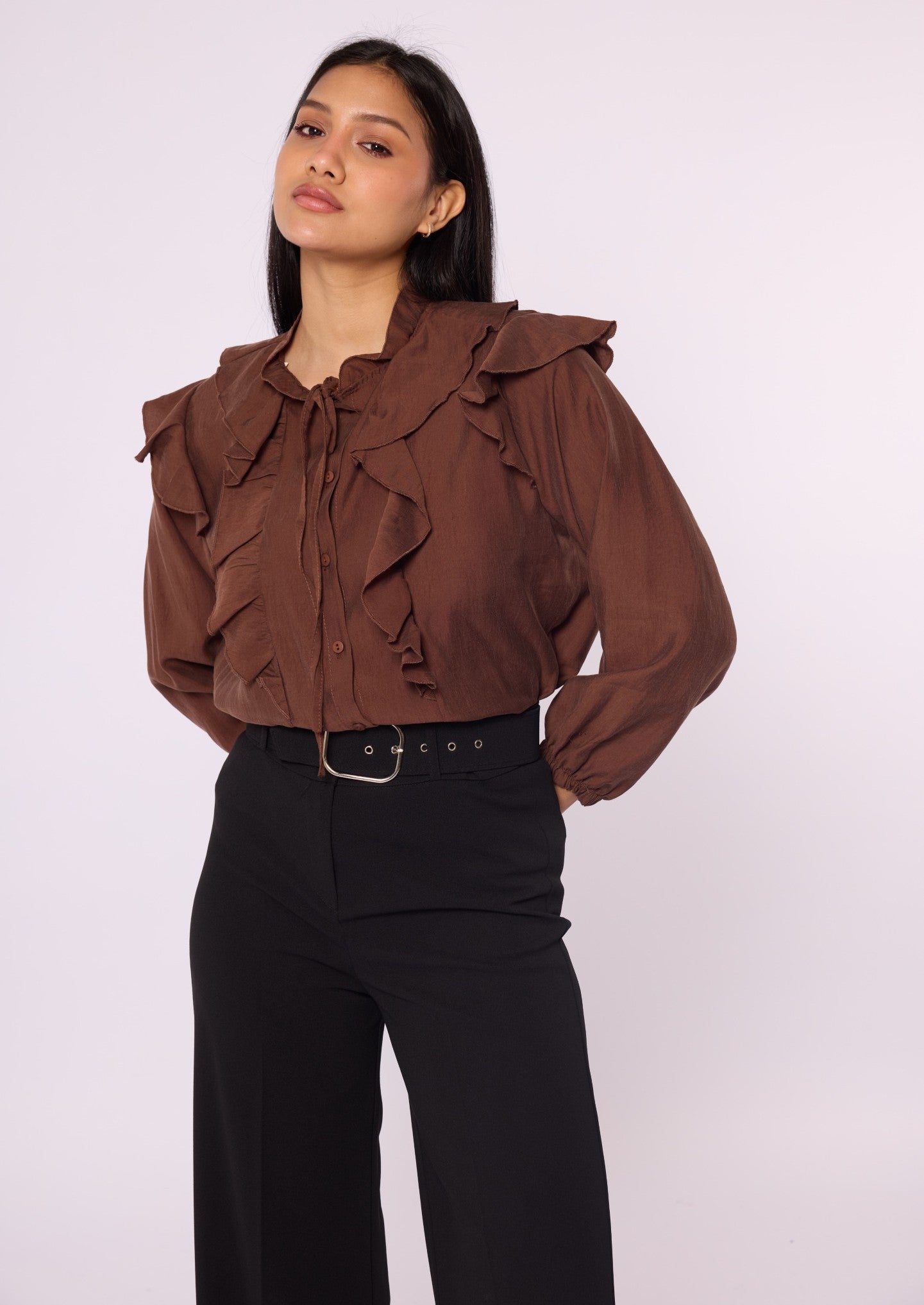 V-Neck Shirt with Ruffle Detail and Tie Neck
