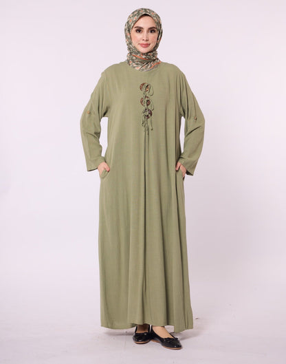 Long Crew Neck Dress with Accessory Detail