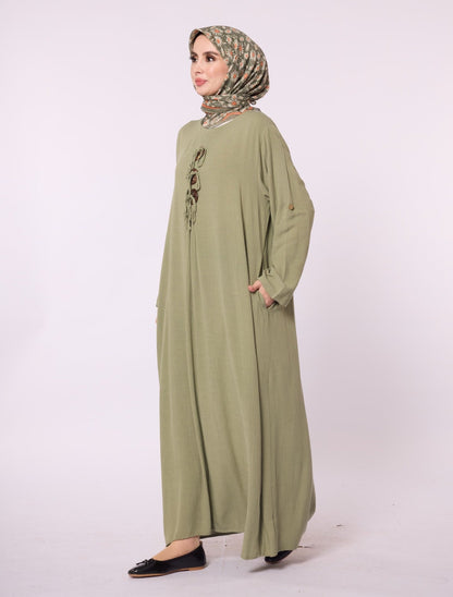 Long Crew Neck Dress with Accessory Detail