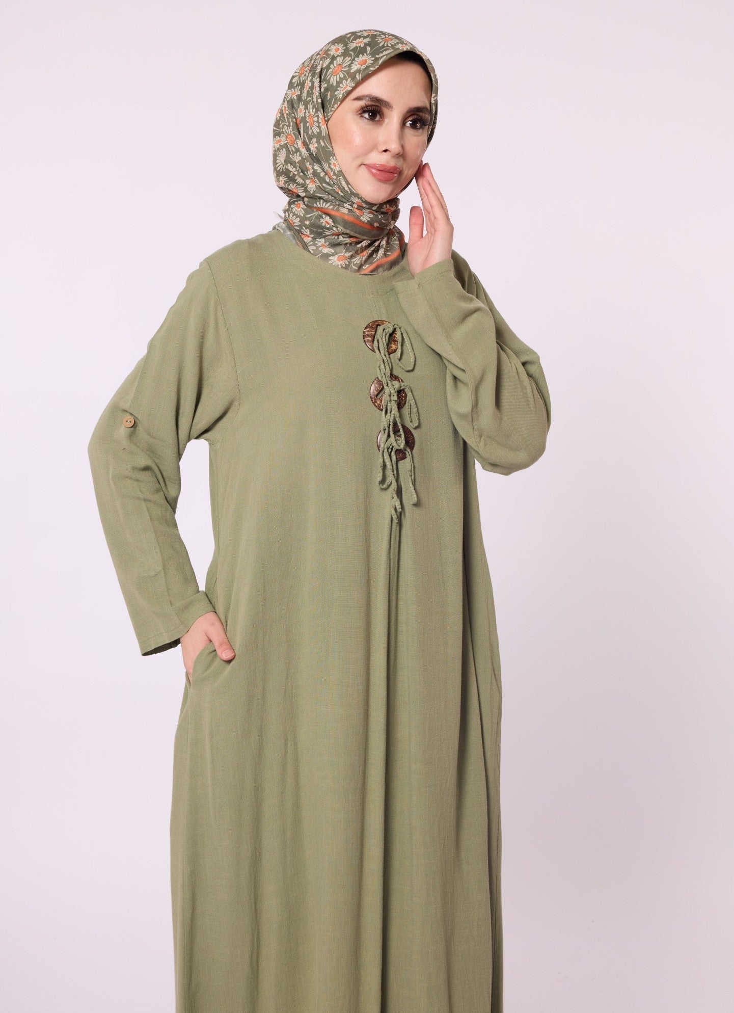 Long Crew Neck Dress with Accessory Detail