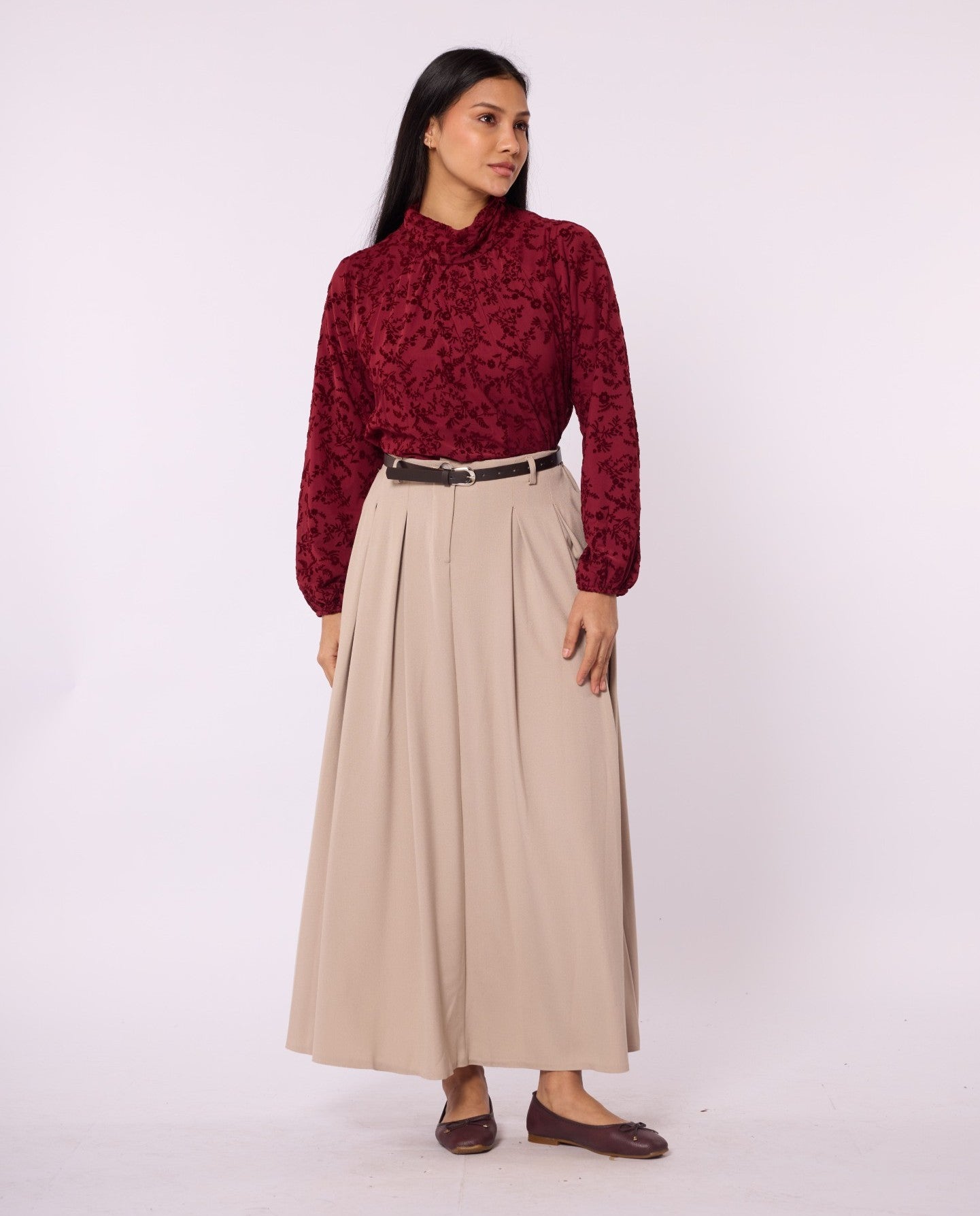 Flock Printed Raglan Sleeve Blouse with Tie Neck