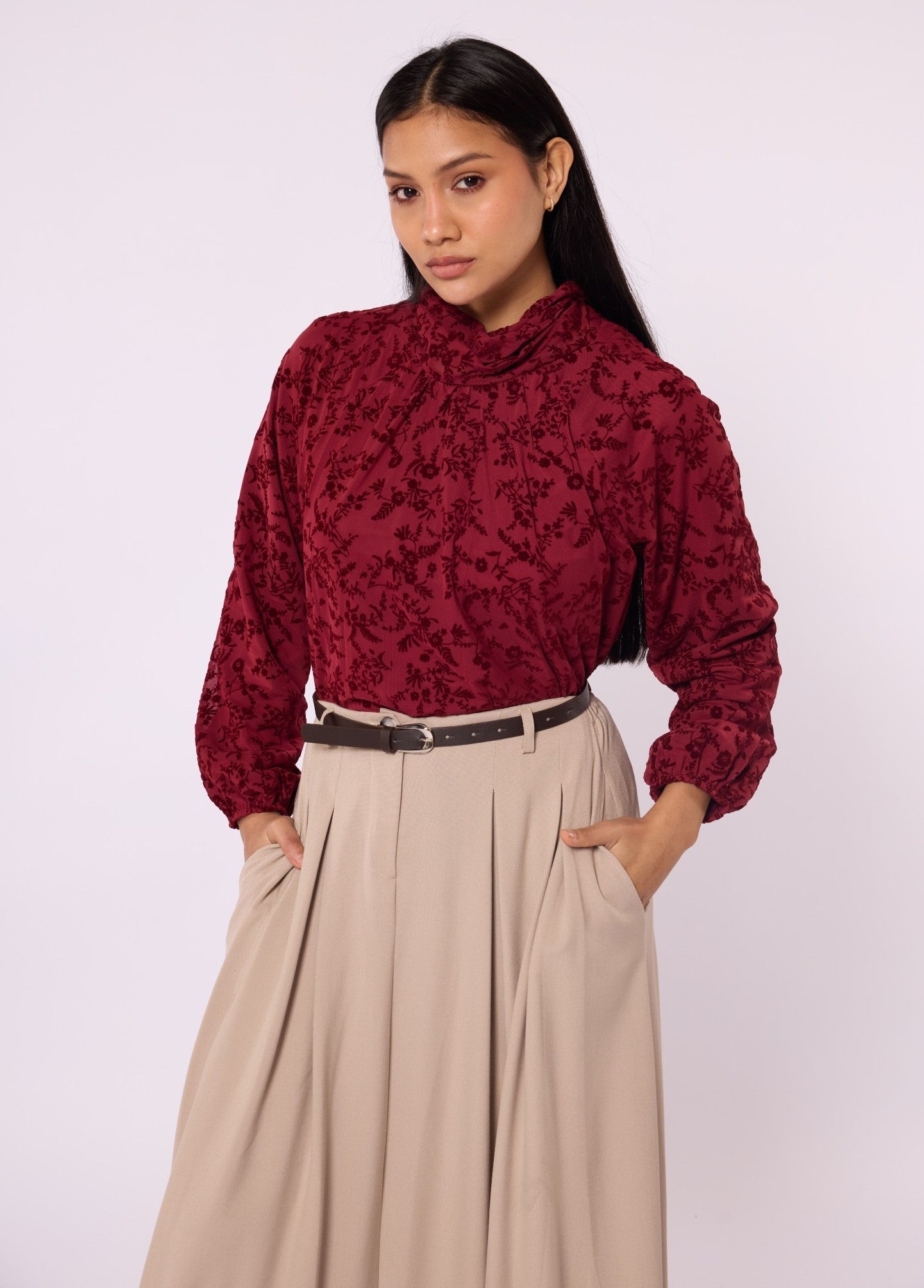 Flock Printed Raglan Sleeve Blouse with Tie Neck