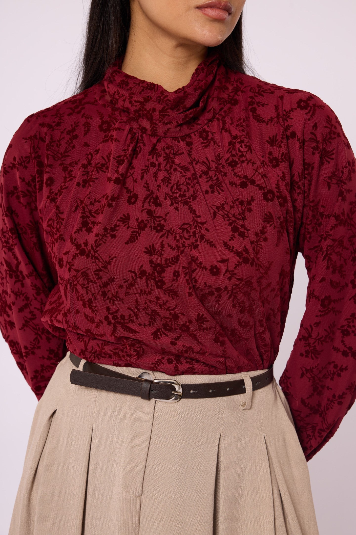 Flock Printed Raglan Sleeve Blouse with Tie Neck