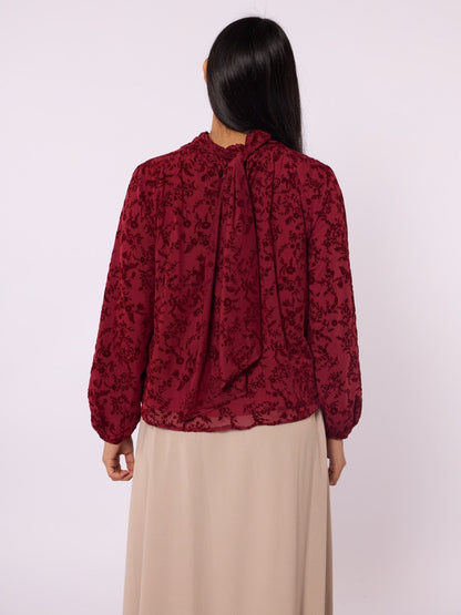 Flock Printed Raglan Sleeve Blouse with Tie Neck