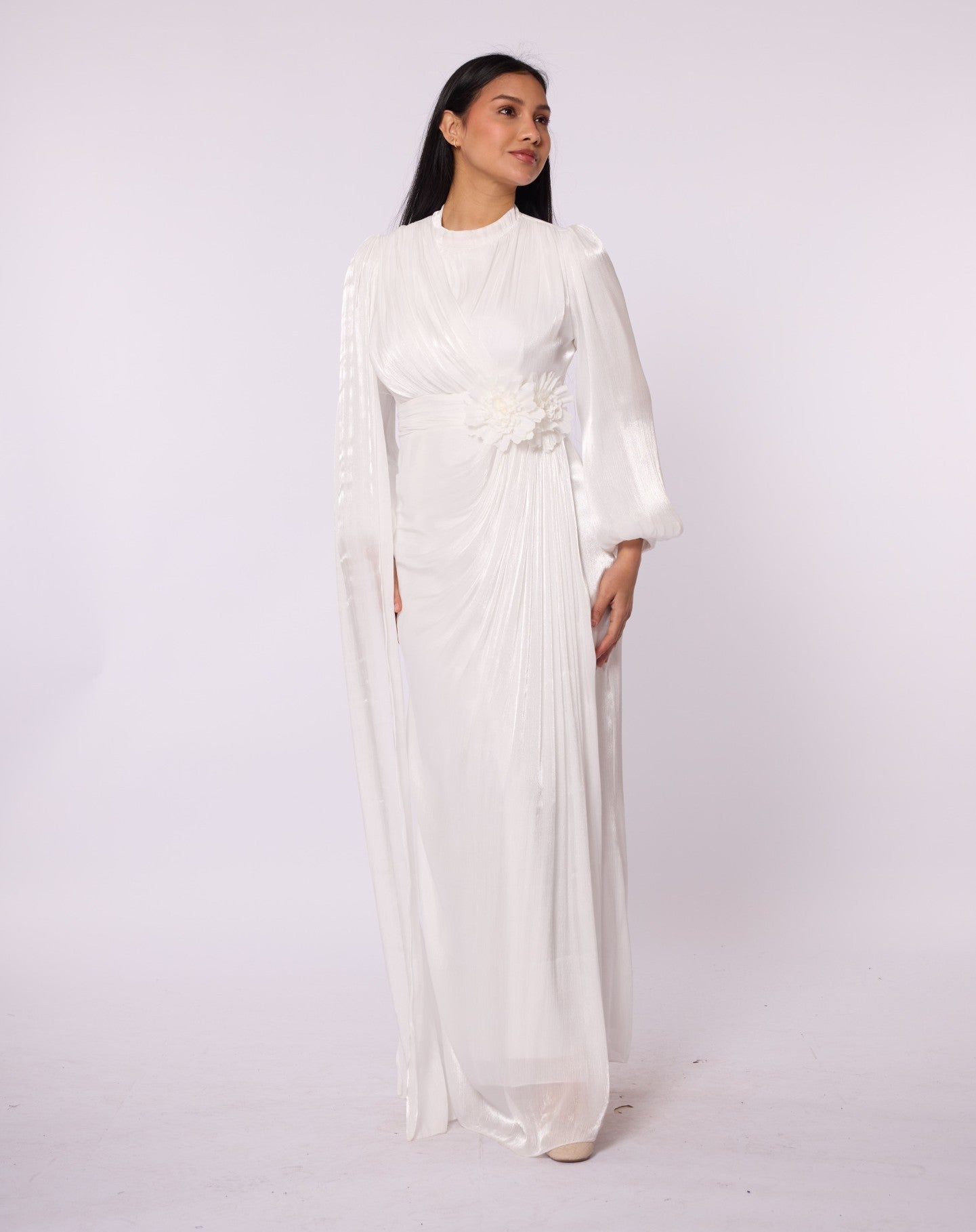 Draped Puff Sleeve Evening Dress with Flower Detail