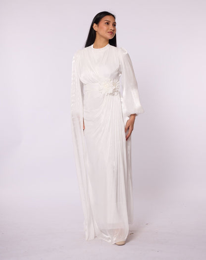 Draped Puff Sleeve Evening Dress with Flower Detail