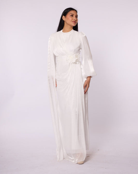 Draped Puff Sleeve Evening Dress with Flower Detail
