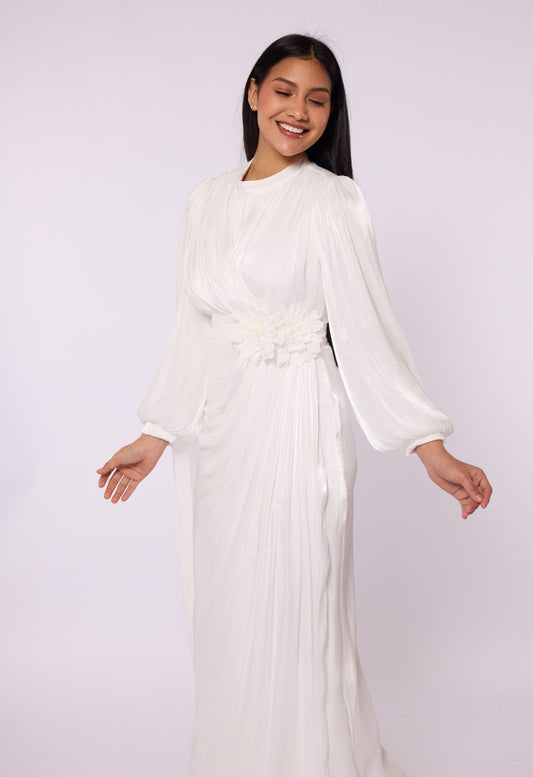 Draped Puff Sleeve Evening Dress with Flower Detail