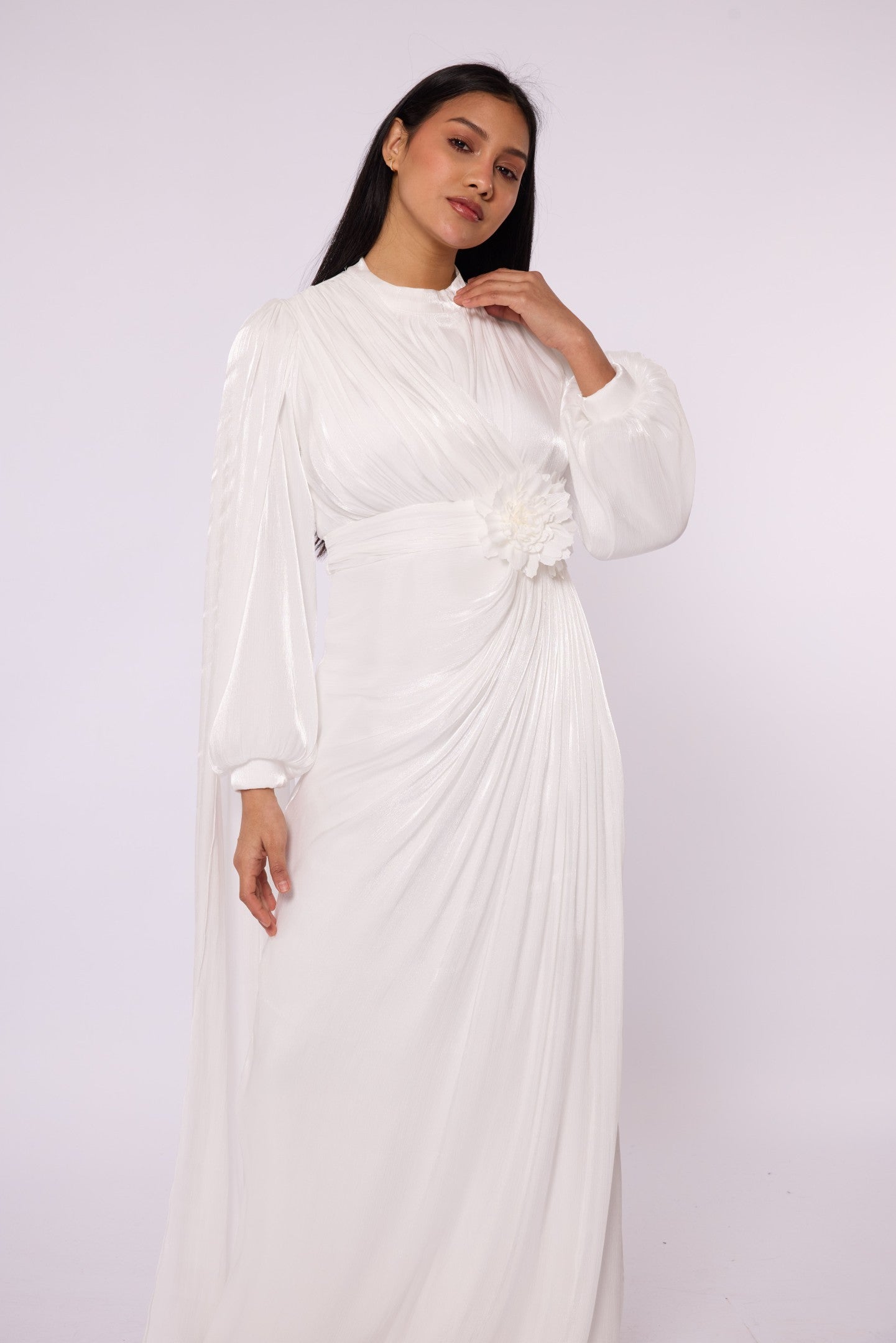 Draped Puff Sleeve Evening Dress with Flower Detail