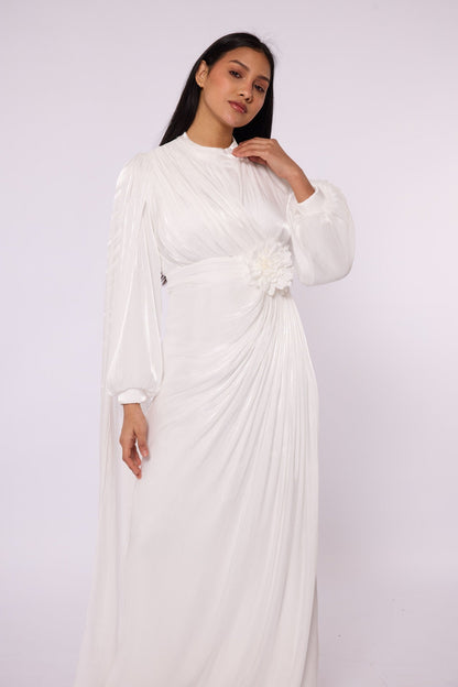Draped Puff Sleeve Evening Dress with Flower Detail