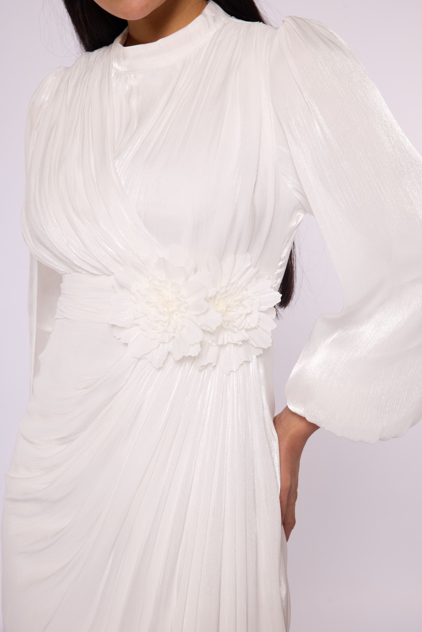 Draped Puff Sleeve Evening Dress with Flower Detail