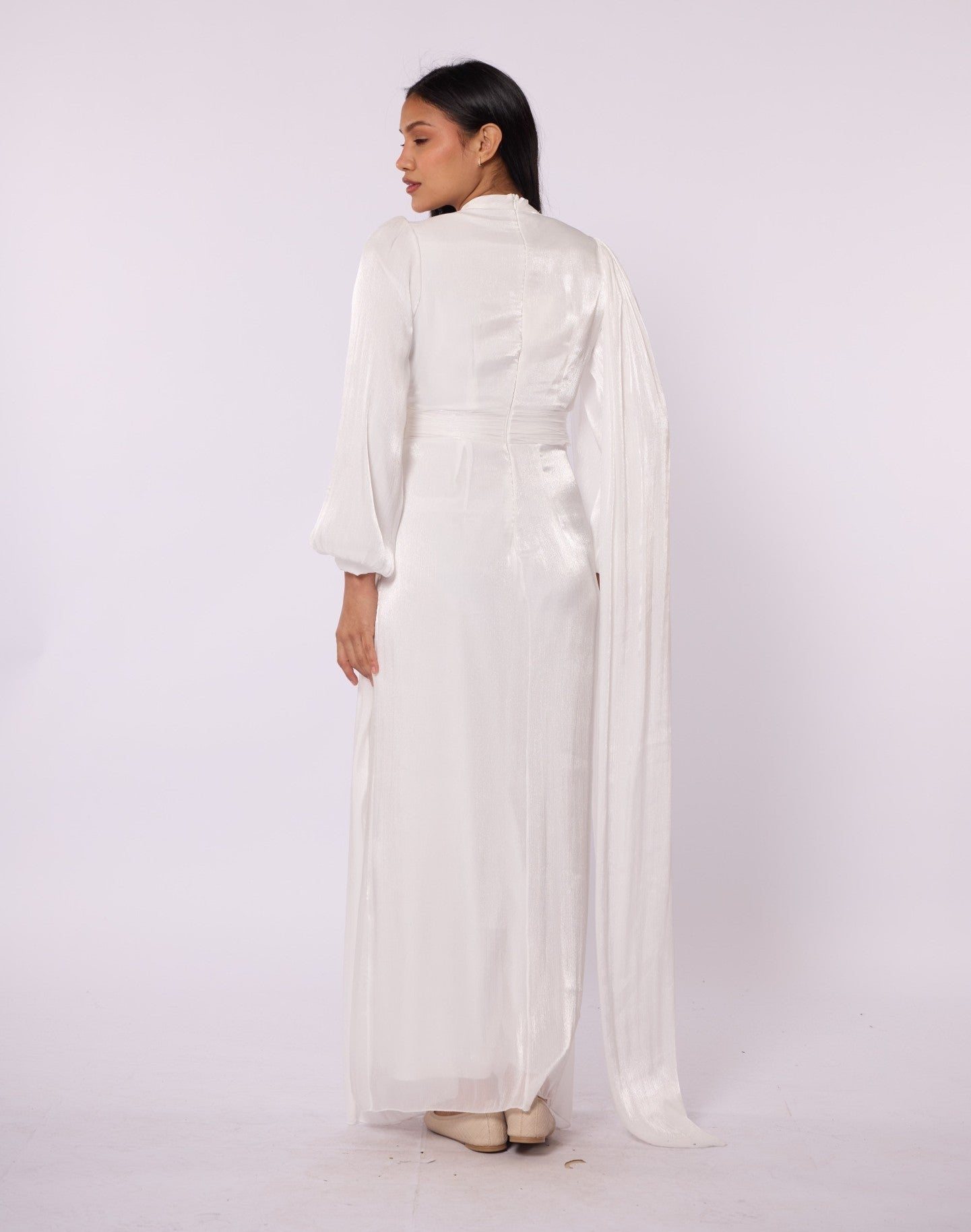 Draped Puff Sleeve Evening Dress with Flower Detail