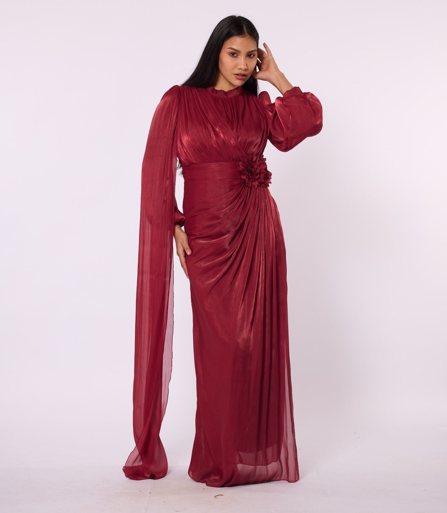 Draped Puff Sleeve Evening Dress with Flower Detail