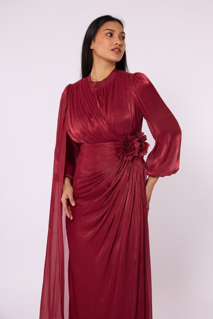 Draped Puff Sleeve Evening Dress with Flower Detail