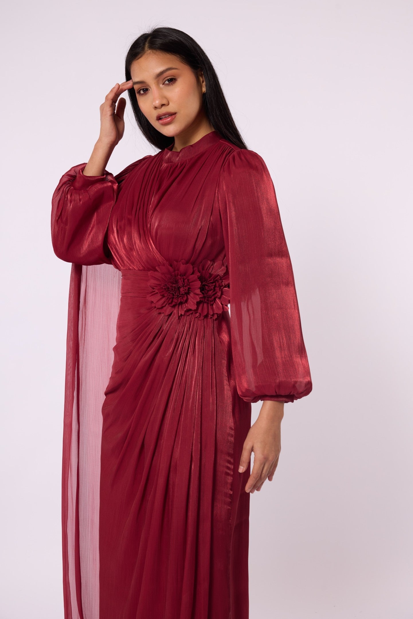 Draped Puff Sleeve Evening Dress with Flower Detail