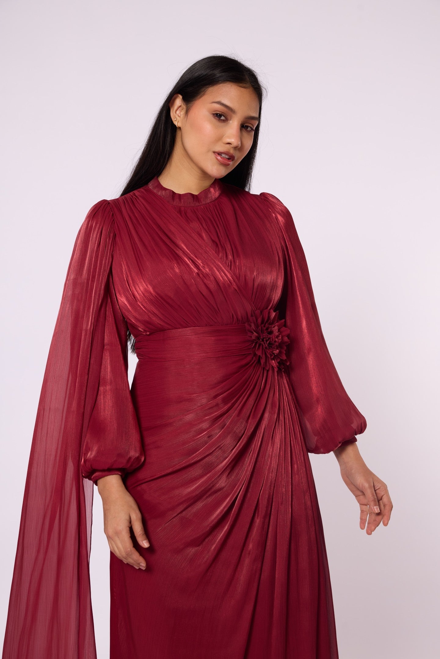 Draped Puff Sleeve Evening Dress with Flower Detail