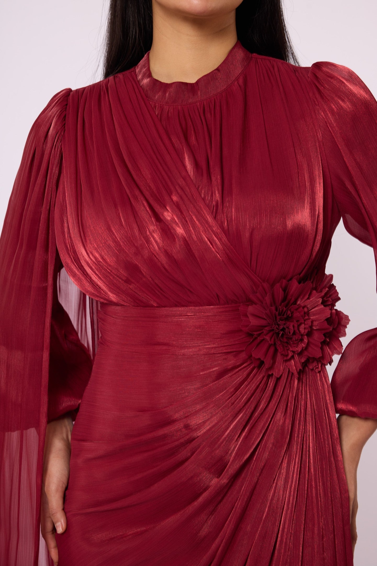 Draped Puff Sleeve Evening Dress with Flower Detail