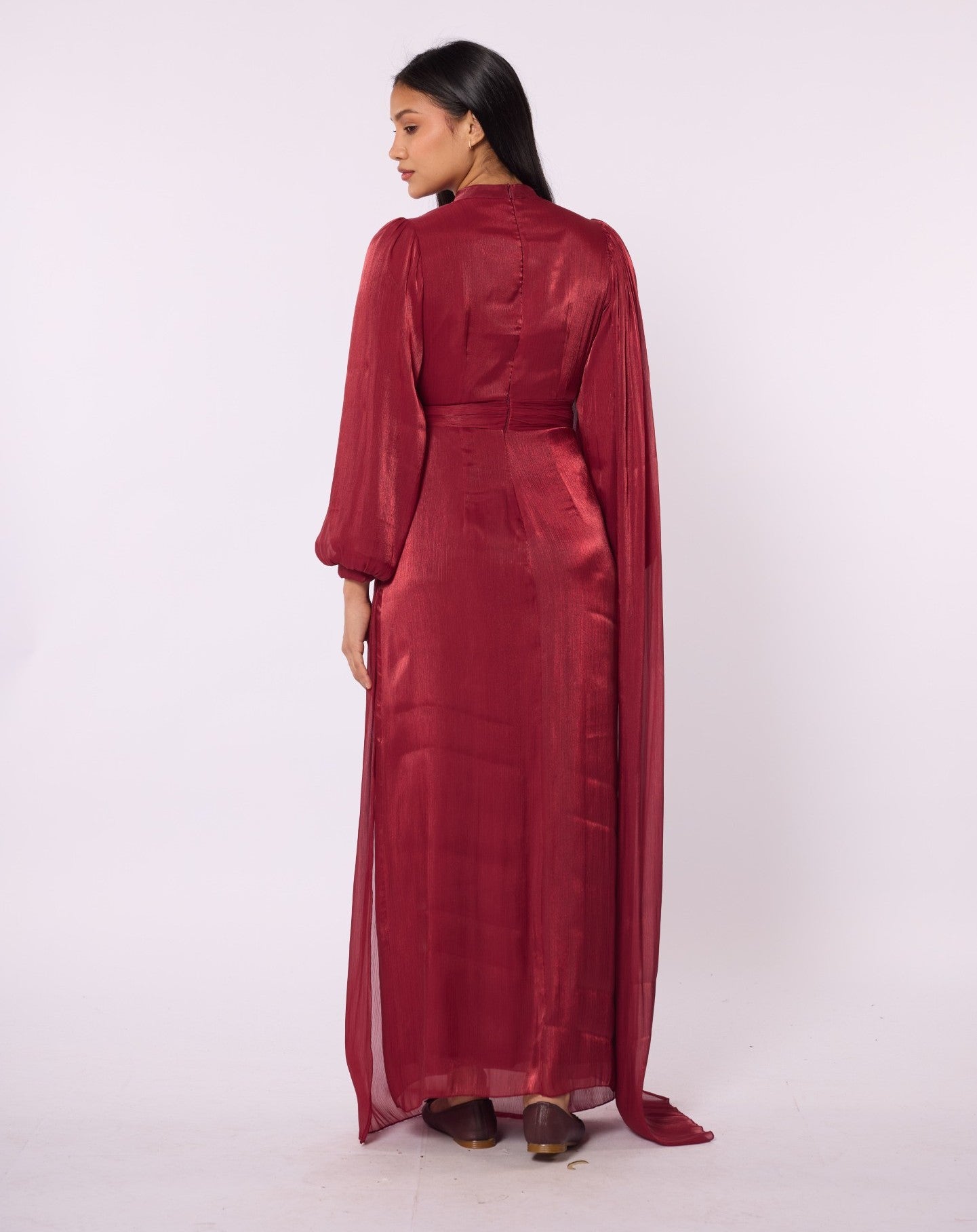 Draped Puff Sleeve Evening Dress with Flower Detail