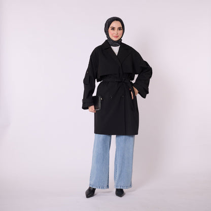 Drop Shoulder Double Breasted Belted Lined Trench Coat