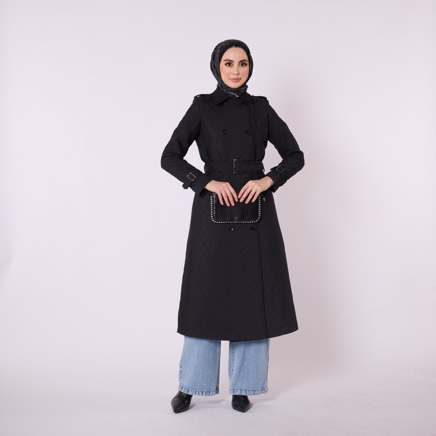 Double Breasted Quilted Long Coat With Belt Detail