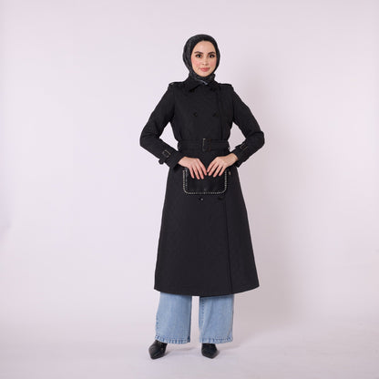Double Breasted Quilted Long Coat With Belt Detail