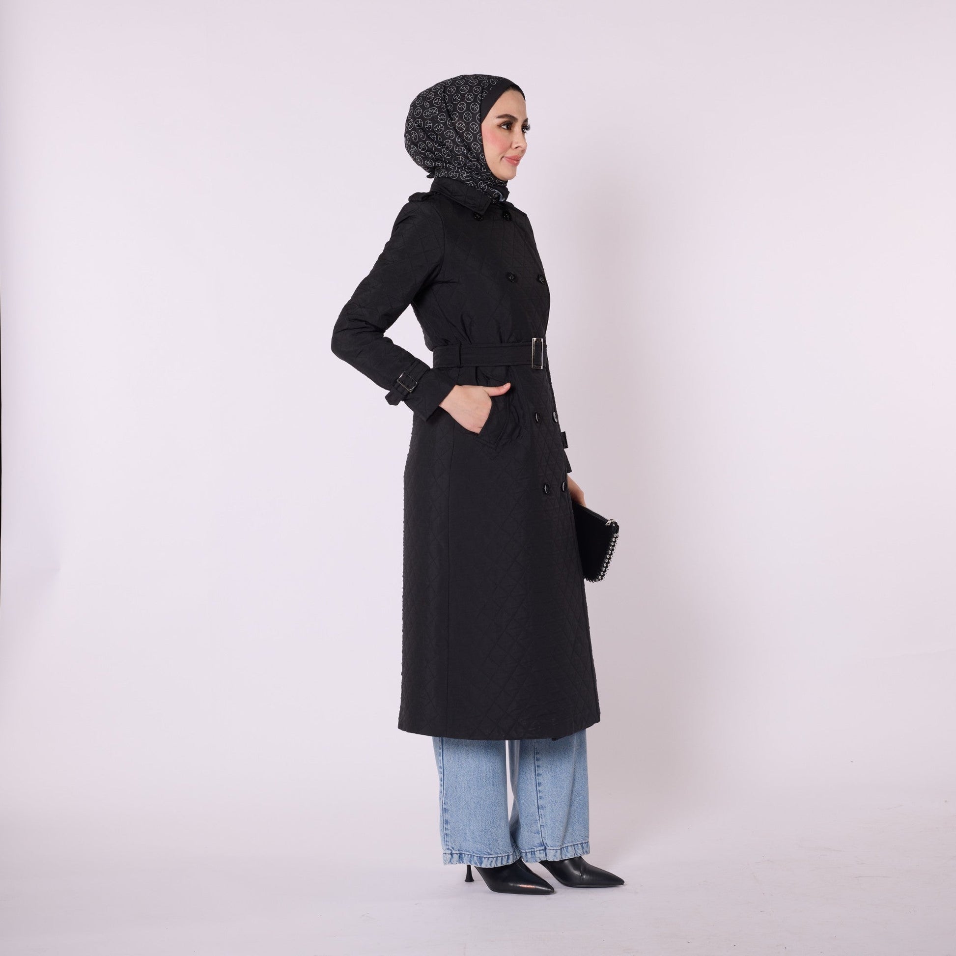 Double Breasted Quilted Long Coat With Belt Detail